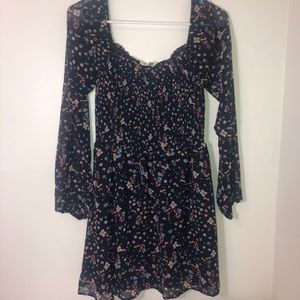 navy blue long sleeve flared ditzy floral dress